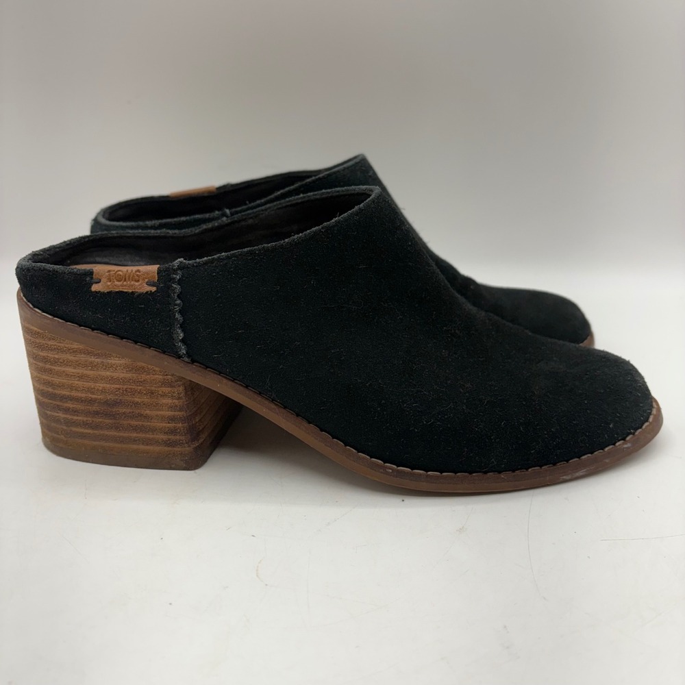 TOMS Leila Black Suede Block Heel Mules Womens 8 Slip On Shoes